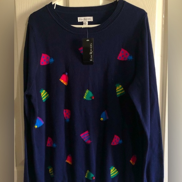 Kim Rogers Sweaters - KIM ROGERS $54 Navy blue pom-pom Hats 100% cotton sweater XL NEW